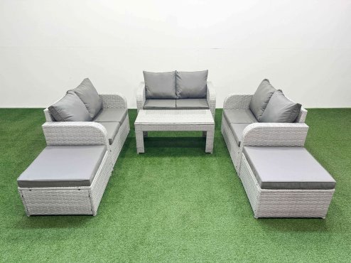 Fimous 8 Seater PE Wicker Rattan Furniture Sofa Sets with Oblong Coffee Table 2 Seater Love Sofa 2 Big Footstool Light Grey