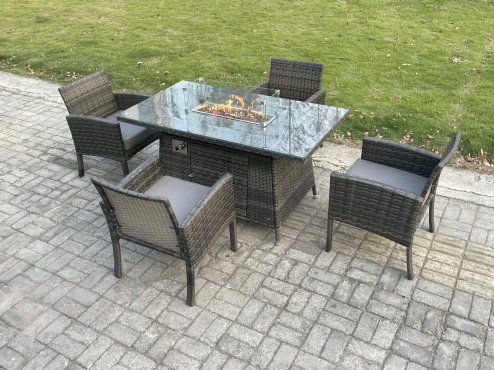 Fimous Outdoor Rattan Garden Furniture Set Gas Fire Pit Rectangular Table Sets Gas Heater with 4 Seater Dining Cahirs Dark Grey Mixed