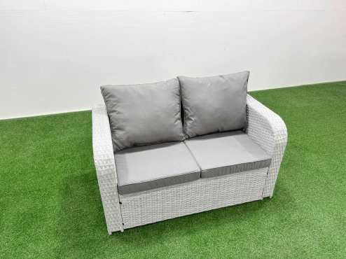 Fimous Rattan Outdoor Table Reclining Chair Sofa Set with Side Table Big Stool Light Grey 7 Seater