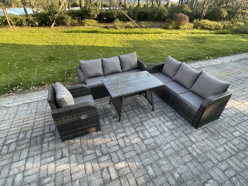 Fimous Outdoor Lounge Sofa Set Wicker PE Rattan Garden Furniture Set with Rectangular Dining Table Reclining Chair Dark Grey Mixed