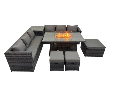 Fimous 9 Seater Garden Outdoor Rattan Furniture Set Patio Corner Sofa Gas Firepit Dining Table with Side Table 3 Stools Dark Grey