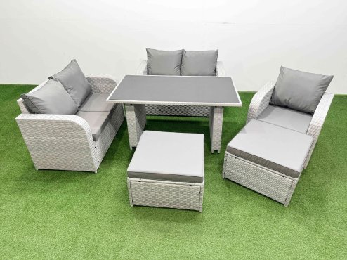 Fimous Rattan Sofa Outdoor Furniture with Dining Table,Love Sofa,2 Big Stools Patio Furniture Light Grey 7 Seater