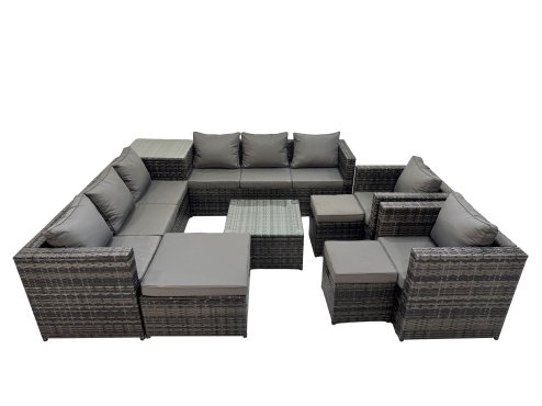Fimous Garden Rattan Outdoor Furniture Set 11 Seater Patio Corner Sofa Coffee Table with 3 Stool Side Table Dark Grey