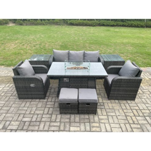 Fimous Wicker Rattan Garden Furniture Sofa Set Gas Fire Pit Dining Table Indoor Outdoor with 2 Side Table Chair Footstool