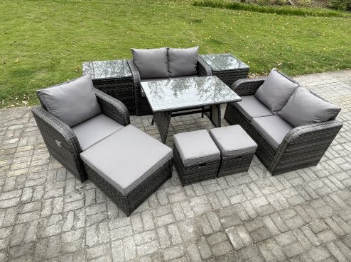 Fimous 8 Seater Outdoor Garden Dining Sets Rattan Furniture With Dining Table Armchairs Love Sofa 3 Footstools 2 Side Tables Dark Grey Mixed