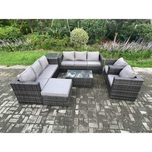 Fimous 9 Seater Outdoor Lounge Sofa Set Wicker PE Rattan Garden Furniture Set with 2 Armchair Oblong Coffee Table Side Table Big Footstool Dark Grey Mixed