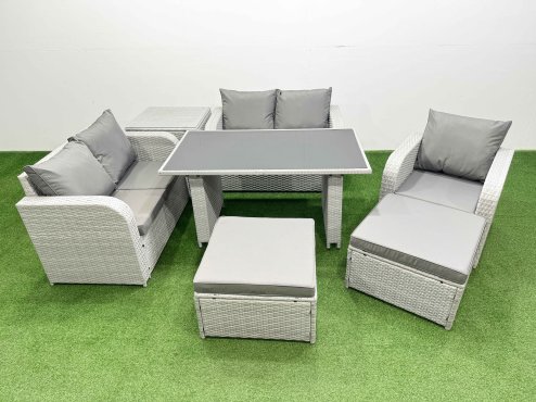 Fimous Rattan Sofa Outdoor Furniture with Dining Table,Side Table,Love Sofa,2 Big Stools Patio Furniture Light Grey 7 Seater
