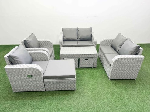 Fimous 9 Seater Outdoor Reclining Chair Love Sofa Set Rattan Garden Furniture Set with Oblong Coffee Table 3 Stools Light Grey