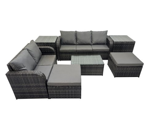 Fimous Outdoor Love Sofa 3 Seater Sofa Coffee Table Set Garden Rattan Furniture Set 7 Seater with 2 Side Tables 2 Big Stool Dark Grey