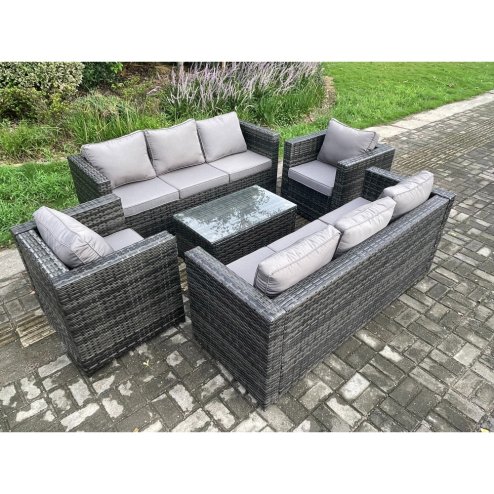 Fimous Wicker PE Rattan Sofa Set Outdoor Patio Garden Furniture with 2 Armchairs Oblong Coffee Table Dark Grey Mixed