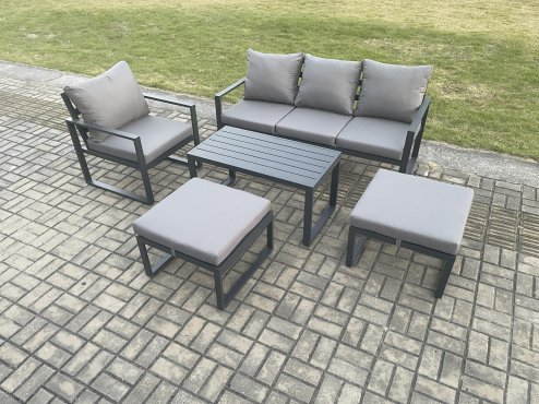Fimous Aluminium 5 Pieces Garden Furniture Sofa Set with Cushions 6 Seater Outdoor Patio Set with Armchair 2 Big Footstools Dark Grey