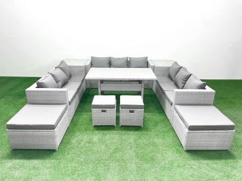 Fimous Rattan Garden Furniture Dining Set 13 Seater Lounge Sofa Dining Table Set with 4 Footstools 2 Side Tables Light Grey Mixed