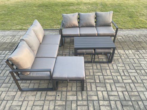 Fimous Aluminium Patio Outdoor Garden Furniture Lounge Sofa Set with Oblong Coffee Table 3 Footstools Dark Grey