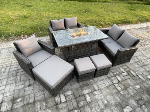 Fimous 8 Seater Rattan Outdoor Garden Furniture Gas Fire Pit Table Sets Gas Heater with Love Sofa Armchair 3 Footstools Dark Mixed Grey