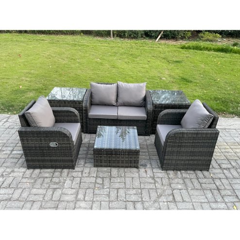 Fimous Wicker PE Rattan Garden Furniture Set Outdoor Lounge Sofa Set with Love Sofa Square Coffee Table 2 Side Tables Dark Grey Mixed