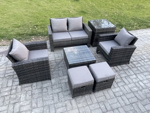 Fimous Outdoor Lounge Sofa Set Wicker PE Rattan Garden Furniture Set with Armchair Square Coffee Table Double Seat Sofa Side Table 2 Small Footstools Dark Grey Mixed