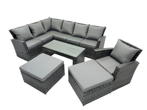 Fimous 9 Seat Poly Rattan Outdoor Patio Oblong Coffee Table Corner Sofa Set with 2 Big Stool Chair for Garden Backyard Dark Grey Mixed