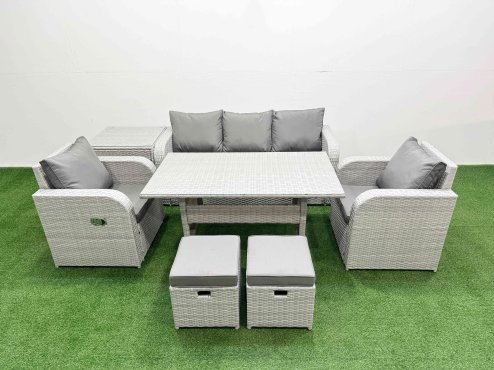 Fimous PE Rattan Garden Furniture Set Reclining Chair Sofa Lounge Sofa Set Rectangular Dining Table Side Table 2 Small Stools Light Grey