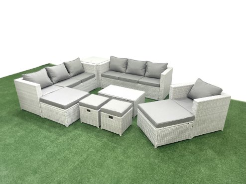 Fimous Rattan Garden Furniture Set 9 Pieces Outdoor Garden Sofa Chair Coffee Table Set with Side Table 4 Footstools Light Grey Mixed
