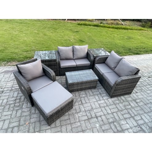 Fimous High Back Rattan Garden Furniture Set with Loveseat Sofa Rectangular Coffee Table 2 Side Tables Big Footstool Indoor Outdoor Patio Lounge Sofa Set Dark Grey Mixed