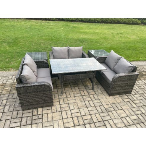 Fimous 6 Seater Outdoor Rattan Garden Furniture Set with Patio Love Sofa Rectangular Dining Table 2 Side Tables Dark Grey Mixed