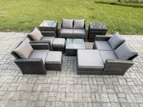 Fimous Outdoor Garden Furniture Sets 10 Pieces Wicker Rattan Furniture Manual Wicker Patio Sofa Patio Conversation Set with 3 Footstools 2 Side Tables Dark Grey Mixed