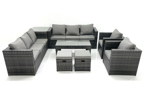 Fimous Rattan Garden Furniture Sofa Set with Coffee table Armchair Side Table 2 Small Footstools Dark Grey Mixed