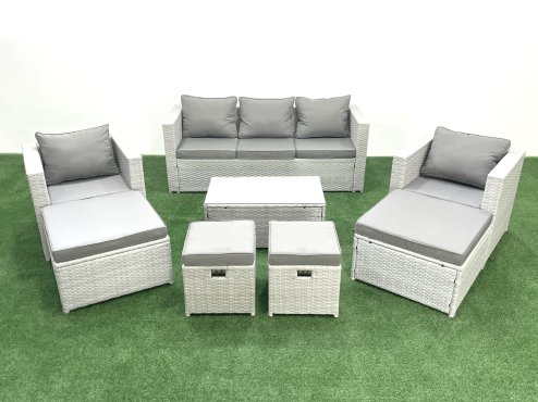Fimous 8 Pieces Rattan Garden Furniture Set Outdoor Garden Sofa Chair Coffee Table Set with 4 Footstools Light Grey Mixed