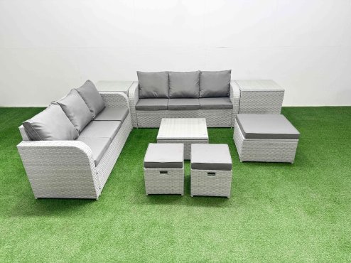 Fimous Outdoor Garden Furniture Sets 9 Seater Wicker Rattan Furniture Sofa Sets with Square Coffee Table high Back Lounge Sofa 3 Stools 2 Side Table Light Grey