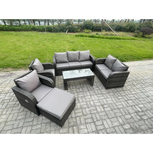 Fimous 8 Seater Outdoor Rattan Garden Furniture Set Patio Lounge Sofa Set with Rectangular Coffee Table Big Footstool Dark Grey Mixed