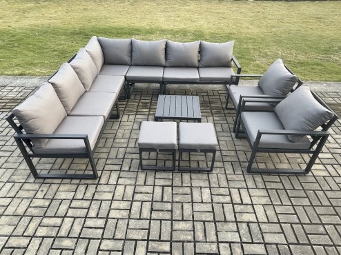 Fimous Aluminium Outdoor Garden Furniture Set Lounge Corner Sofa 2 Pcs Chair Square Coffee Table Sets with 2 Small Footstools Dark Grey