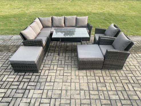 Fimous High Back Outdoor Garden Furniture Set Rattan Corner Sofa Dining Table Set With 2 Big Footstool 2 Armchairs Dark Grey Mixed