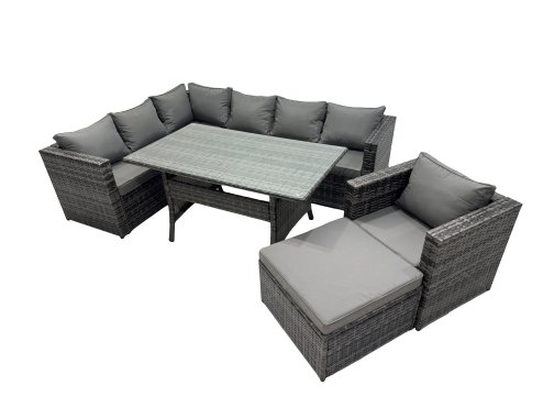 Fimous Outdoor PE Rattan Sofa Set with Dining Table Patio Garden Furniture Sets with Chair Big Stool Dark Grey Mixed