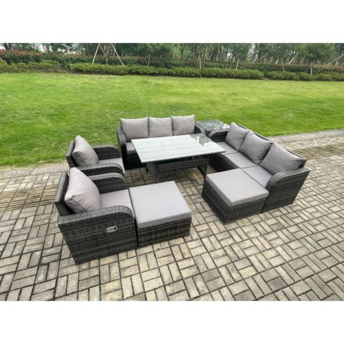 Fimous 10 Seater Rattan Garden Furniture Set Oblong Rectangular Dining Table and Chairs Set with 3 Seater Sofa 2 Big Footstool Side Table Dark Grey Mixed