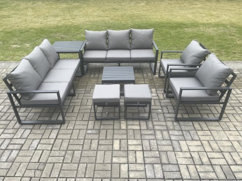 Fimous Aluminium Patio Outdoor Garden Furniture Lounge Sofa Set with Square Coffee Table 2 Chairs Side Table 2 Small Footstool Dark Grey
