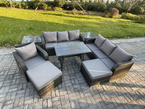 Fimous Wicker 8 Pieces Rattan Garden Furniture Sofa Set with Rectangular Dining Table Armchair 2 Big Footstool 2 Side Table Dark Grey Mixed