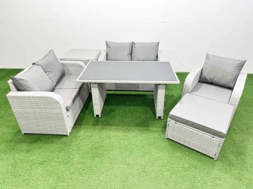 Fimous Rattan Sofa Outdoor Furniture with Dining Table,Side Table,Love Sofa,Big Stool Patio Furniture Light Grey 6 Seater