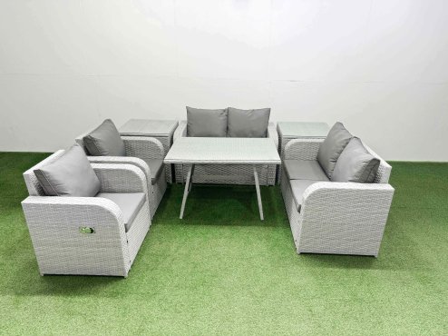Fimous 6 Seater Rattan Garden Furniture Set Outdoor Love Sofa Set with Rectangular Dining Table 2 Side Tables Light Grey