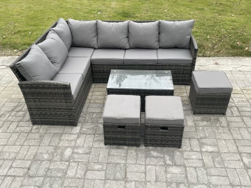 Fimous Rattan Lounge Corner Sofa Set Wicker PE Outdoor Garden Furniture Set with Rectangular Coffee Table 3 Small Footstools Dark Grey Mixed