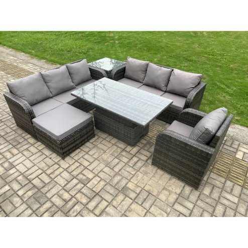 Fimous Outdoor Rattan Garden Furniture Sets Height Adjustable Rising lifting Dining Table Sofa Set with Reclining Chair Big Footstool Side Table Dark Grey Mixed