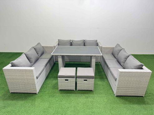 Fimous Patio Outdoor Garden Furniture Sets with Black Glass Top Dining Table 3 Seater Sofa 2 Small Stool Light Grey