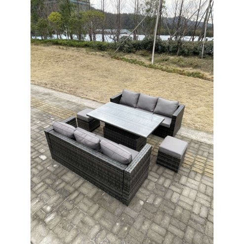 Fimous 8 Seater?Outdoor Rattan Sofa Set Garden Furniture Adjustable Rising Lifting Dining Table Footstools Dark Grey Mixed