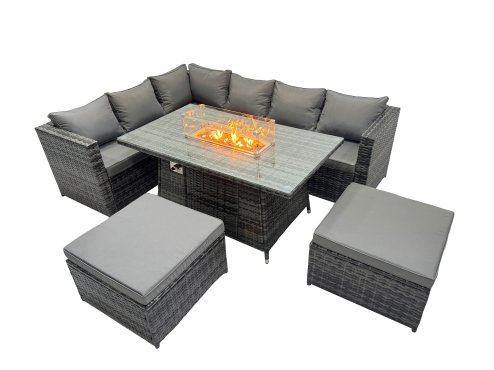 Fimous Rattan Garden Furniture Dining Set 8-seater Gas Firepit Dining Table Corner Sofa Set with 2 Big Stools Dark Grey Mixed