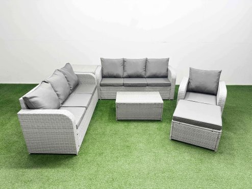 Fimous 8 Seater Poly Rattan Outdoor Garden Furniture Sofa Set Patio 3 Seater Sofa Reclining Chair 3 Seater Sofa Big Footstool Side Table Light Grey