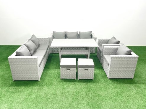 Fimous Rattan Garden Furniture Set Outdoor 8 Seater Patio Dinin g Sofa Sets with Dining Table 2 Chairs 2 Small Footstools Light Grey Mixed