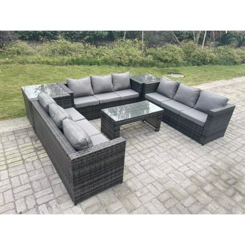 Fimous Outdoor Rattan Garden Furniture Lounge Sofa Set With Oblong Rectagular Coffee Table And 2 Side Table