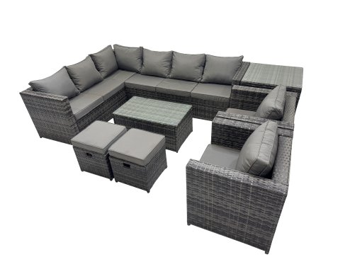 Fimous Outdoor Rattan Rectangular Coffee Table Corner Sofa Sets Garden Furniture Set with 2 Chairs 2 Small Stools Side Table Dark Grey Mixed
