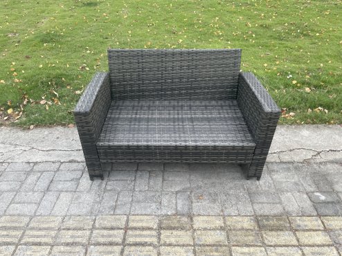 Fimous Dark Grey PE Wicker Rattan Garden Furniture Set Love Sofa Outdoor Rectangular Dining Table Side Table