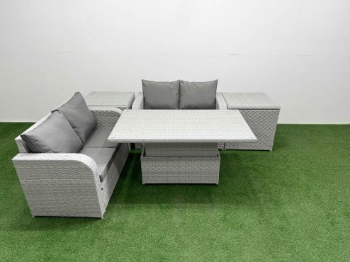 Fimous 4 Seater Outdoor Love Sofa Set Rattan Garden Furniture Set with Adjustable Lifting Dining or Coffee Table 2 Side Tables Light Grey