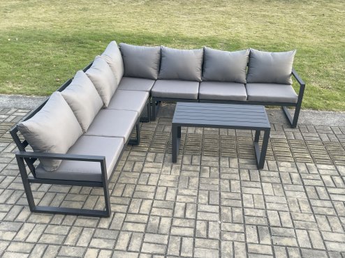 Fimous Aluminium Patio Outdoor Garden Furniture Lounge Corner Sofa Set with Oblong Coffee Table Dark Grey